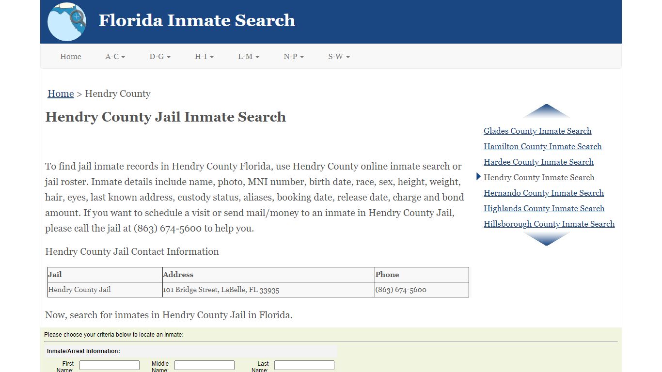 Hendry County FL Jail Inmate Search